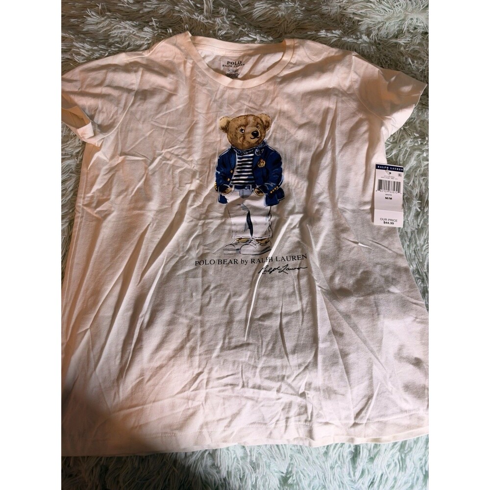 Women M Polo Ralph Lauren Bear T-Shirt White 165cm Vhtf Cute Classic Iconic USA